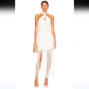 $375 Alice & Olivia Step Twist Neck Fringe Dress Off White Halter has st…